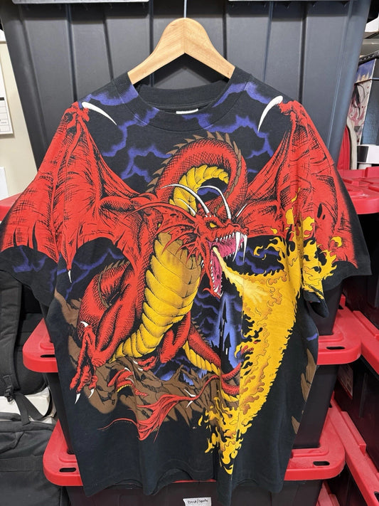 Vintage 1993 Liquid Blue Dragon & Knight All Over Print Shirt Mens XXL 24.5x34