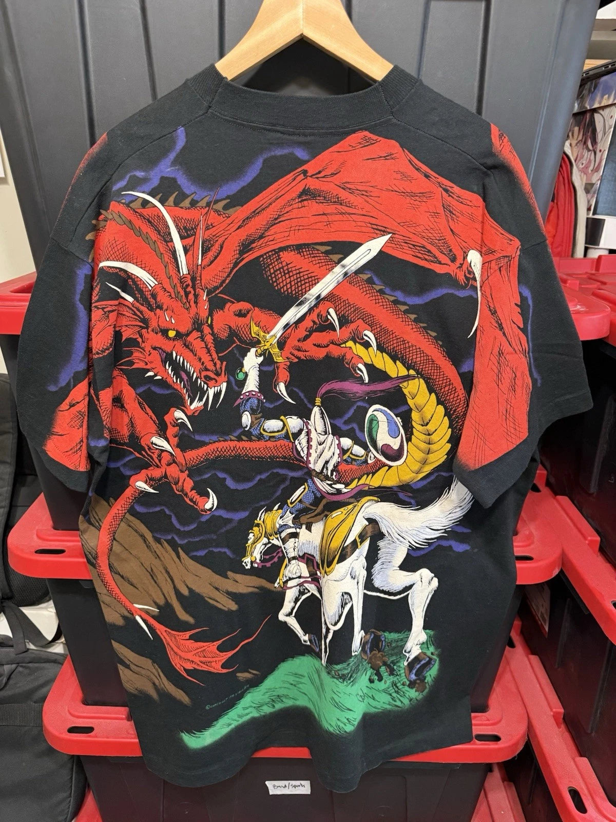 Vintage 1993 Liquid Blue Dragon & Knight All Over Print Shirt Mens XXL 24.5x34