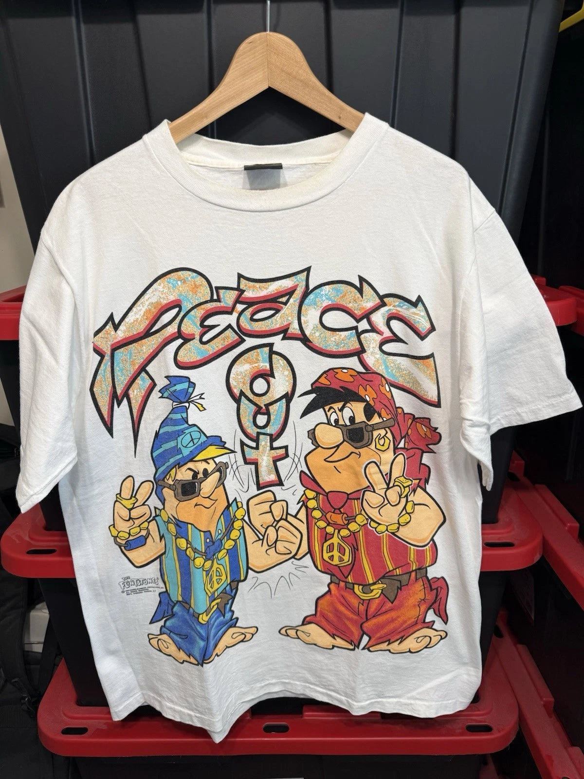 Vintage 90s Flintstones Fred Barney Peace Out Hip Hop Shirt Mens Size XL 23x30