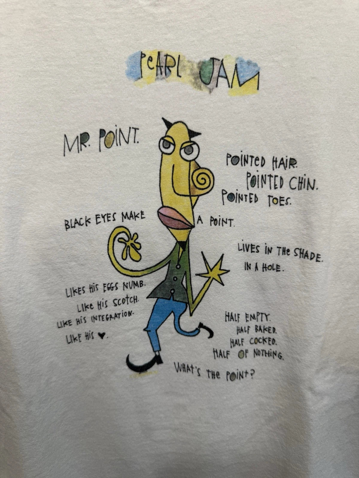 Vintage 1995 Pearl Jam Mr. Point T-Shirt White Mens XL 22.5x27 Band Tee
