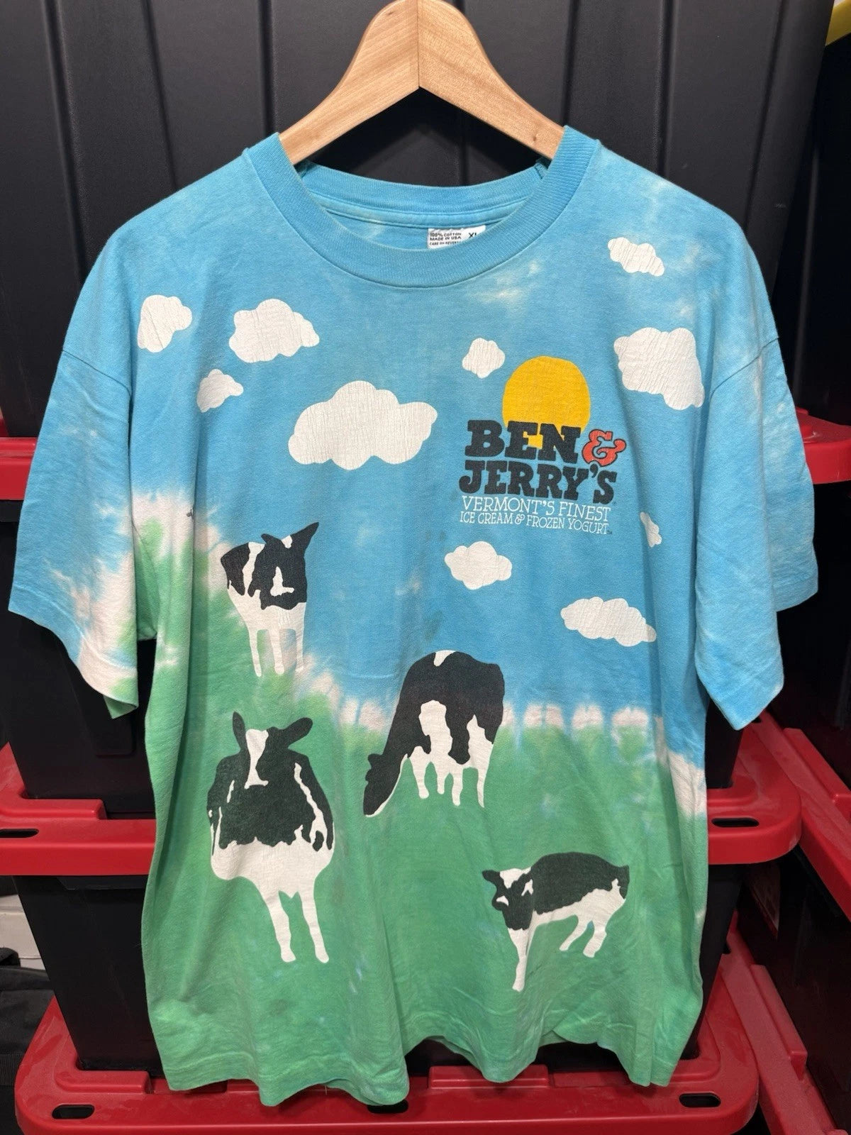 Vintage 90s Ben And Jerry's Liquid Blue Cow Tie Dye Shirt XL Single Stitch AOP